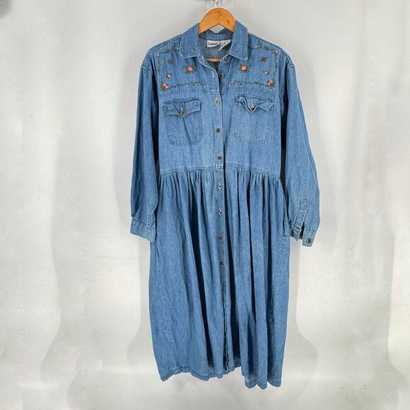 Vintage Capacity Denim Midi Dress Embroidered Floral Western Size Large Cottage - Picture 11 of 11